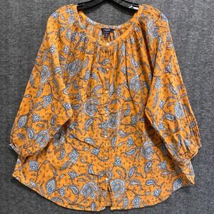 Chaps Top Womens 2X Orange Paisley Gauze Boho Peasant Cottagecore Button Front